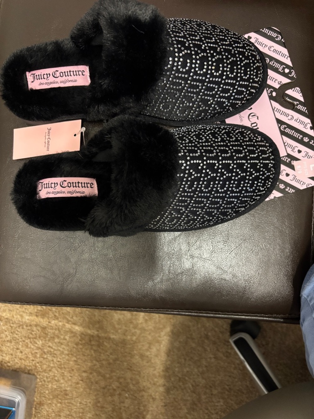 Juicy Couture Black Rhinestone Faux-Fur Slip-On Slippers